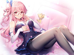Rule 34 | 1girl, bare shoulders, black pantyhose, blue dress, book, breasts, cat, cherry blossoms, cleavage, detached sleeves, dress, emily stock, glasses, hair between eyes, hair ribbon, hand on own cheek, hand on own face, holding, holding book, long hair, looking at viewer, lying, medium breasts, on back, original, pantyhose, pillow, pink hair, red eyes, ribbon, ririko (zhuoyandesailaer), side ponytail, smile, solo, swept bangs, thighband pantyhose