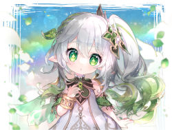 Rule 34 | 1girl, bracelet, child, cross-shaped pupils, detached sleeves, dress, genshin impact, gradient hair, green eyes, green hair, green sleeves, hair ornament, head tilt, huyune153, jewelry, leaf hair ornament, long hair, looking at viewer, multicolored hair, nahida (genshin impact), open mouth, pointy ears, side ponytail, solo, symbol-shaped pupils, white dress, white hair