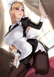 Rule 34 | 1girl, apron, artist name, black dress, black hair, black thighhighs, blonde hair, blue eyes, blush, bottle, breasts, cian yo, curtains, dress, glasses, indoors, kneeling, large breasts, lips, long hair, long sleeves, looking back, maid, maid apron, maid headdress, original, parted bangs, parted lips, pink lips, puffy long sleeves, puffy sleeves, short dress, spray bottle, thighhighs, white apron, window