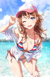 Rule 34 | 2girls, ;d, arm up, armpits, badge, bare shoulders, baseball cap, bikini, blue eyes, blue sky, blush, breasts, brown hair, button badge, cleavage, cloud, collarbone, day, earrings, halterneck, hand on own thigh, hat, hat ornament, hat pin, highres, hoop earrings, jacket, jewelry, leaning forward, lens flare, long hair, looking at viewer, medium breasts, morikura en, multicolored bikini, multicolored clothes, multiple girls, nail polish, navel, necklace, off shoulder, one eye closed, open clothes, open jacket, open mouth, original, outdoors, pink hat, pink nails, red ribbon, ribbon, short sleeves, side-tie bikini bottom, sky, smile, solo, string bikini, striped bikini, striped clothes, swimsuit, teeth, upper teeth only, water, water drop, white jacket