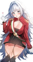 Rule 34 | 1girl, absurdres, aqua eyes, azur lane, breasts, cleavage, epaulettes, finger heart, gloves, heart, highres, large breasts, medal, military, military uniform, open mouth, sardegna empire (emblem), simple background, suimo (suimodayo), thighs, uniform, vittorio veneto (azur lane), white gloves, white hair