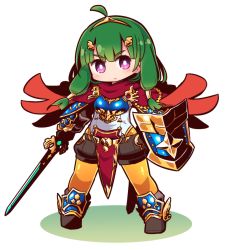 Rule 34 | 1girl, ahoge, armor, blush, boots, breastplate, breasts, brown footwear, brown shorts, cape, closed mouth, commentary request, etrian odyssey, full body, green hair, hair ornament, hairclip, head tilt, hero (sekaiju), holding, holding shield, holding sword, holding weapon, long hair, naga u, orange pantyhose, pantyhose, puffy shorts, purple eyes, red cape, sekaiju no meikyuu, sekaiju no meikyuu x, shadow, shield, short shorts, shorts, sidelocks, small breasts, solo, standing, sword, v-shaped eyebrows, vambraces, weapon, white background