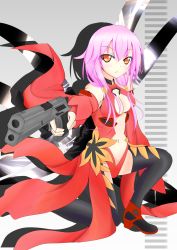 Rule 34 | 10s, 1girl, :&lt;, absurdres, bad id, bad pixiv id, bare shoulders, black thighhighs, breasts, center opening, cleavage, desert eagle, detached sleeves, elbow gloves, fingerless gloves, gloves, guilty crown, gun, hair ornament, hairclip, handgun, highres, long hair, looking at viewer, navel, pink hair, pistol, pointing, pointing at viewer, red eyes, shamu (helix), solo, thighhighs, twintails, weapon, yuzuriha inori