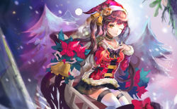 Rule 34 | 1girl, :q, absurdres, ahoge, bad id, bad pixiv id, bell, black skirt, blurry, blurry background, blush, breasts, brown hair, choker, christmas ornaments, christmas tree, girls&#039; frontline, hand on own chest, haribo kanten, hat, highres, long hair, looking at viewer, m14 (girls&#039; frontline), m14 (xmas parade) (girls&#039; frontline), medium breasts, official alternate costume, one eye closed, ribbon, santa costume, santa hat, sidelocks, sitting, skirt, smile, snow, snowing, solo, thighhighs, tongue, tongue out, twintails, white thighhighs, yellow eyes