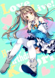 Rule 34 | 10s, 1girl, bare shoulders, blush, breasts, brown hair, character name, copyright name, detached sleeves, hair ornament, hands on own face, happy birthday, head tilt, long hair, looking at viewer, love live!, love live! school idol festival, love live! school idol project, medium breasts, minami kotori, riichu, sitting, skirt, solo, thighhighs, white thighhighs, yellow eyes
