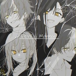 Rule 34 | 2boys, 2girls, absurdres, akuma no odorikata (vocaloid), alternate eye color, aoyagi touya, azusawa kohane, closed mouth, commentary, dark persona, earrings, formal, greyscale, grin, hair ornament, hairclip, highres, jacket, jewelry, long hair, medium hair, monochrome, multicolored hair, multiple boys, multiple girls, open clothes, open jacket, oru05, project sekai, shinonome akito, shiraishi an, shirt, smile, song name, split-color hair, spot color, star (symbol), star hair ornament, suit, sweater, turtleneck, turtleneck sweater, twintails, upper body, vivid bad squad (project sekai), vocaloid, yellow eyes
