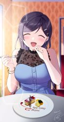 Rule 34 | 1girl, absurdres, bare shoulders, blue dress, blush, bracelet, breasts, closed eyes, commentary request, dessert, dress, earrings, food, frills, happy birthday, highres, huge filesize, jewelry, kazepana, large breasts, love live!, open mouth, parted bangs, plate, sitting, smile, swept bangs, table, tojo nozomi