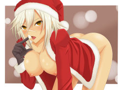 Rule 34 | 1girl, absurdres, arc system works, ass, bent over, blazblue, blazblue: chronophantasma, blush, bottomless, breasts, bullet (blazblue), christmas, cream, dark skin, dark-skinned female, estbest, esuto, gloves, hat, highres, jacket, large breasts, md5 mismatch, nipples, santa costume, santa hat, scar, short hair, solo, sweat, thighs, tongue, tongue out, topless, white hair, yellow eyes
