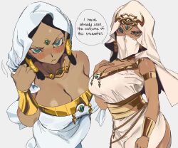 Rule 34 | 1girl, absurdres, bare shoulders, black hair, blush, breasts, cleavage, dark-skinned female, dark skin, dress, egyptian, egyptian clothes, english text, forehead jewel, gold, hair ornament, highres, hood, hood up, ishizu ishtar, jewelry, large breasts, long hair, looking at viewer, millennium necklace, mouth veil, speech bubble, veil, white dress, whoopsatro, yu-gi-oh!, yu-gi-oh! duel monsters