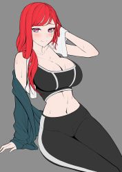 Rule 34 | 1girl, black bra, black pants, blue jacket, blush, bra, breasts, cleavage, closed mouth, commentary, cowboy shot, grey background, hand in own hair, hantata, highres, holding, holding towel, hongryeon (last origin), jacket, large breasts, last origin, long hair, looking at viewer, mole, mole under eye, navel, off shoulder, open clothes, open jacket, pants, purple eyes, red hair, simple background, sitting, smile, solo, sports bra, sportswear, stomach, sweat, tight clothes, tight pants, towel, underwear, yoga pants