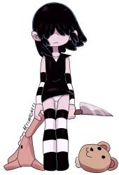 Rule 34 | 1girl, black hair, dress, frown, hair over eyes, highres, knife, lucy loud, panties, solo, striped clothes, striped thighhighs, stuffed animal, stuffed toy, teddy bear, the loud house, thighhighs, underwear, white panties, wind, wind lift