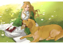 Rule 34 | 1girl, absurdres, audrey hall, blonde hair, book, brooch, day, dog, dress, flower, glasses, gloves, golden retriever, green dress, green eyes, hair flower, hair ornament, highres, holding, holding book, jewelry, lips, long dress, long hair, looking at animal, lord of the mysteries, on grass, open book, outdoors, pet, petting, shaded face, susie (lord of the mysteries), white gloves, yinyoushirenmaotouying