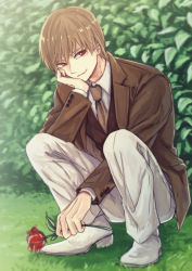 Rule 34 | 1boy, bad id, bad pixiv id, black jacket, brown hair, brown neckwear, closed eyes, collared shirt, day, flower, full body, gintama, head rest, holding, holding flower, jacket, long sleeves, male focus, okita sougo, open clothes, open jacket, outdoors, pants, red flower, red rose, rose, shirt, smile, solo, squatting, szzz k, white footwear, white pants, white shirt, wing collar