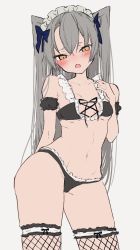 Rule 34 | 1girl, :o, alternate costume, amatsukaze (kancolle), black bra, black panties, blue bow, blush, bow, bra, breasts, chigasaki yukari, commentary request, fang, fishnets, frills, grey background, grey hair, hair between eyes, hair bow, highres, kantai collection, lingerie, long hair, looking at viewer, maid headdress, orange eyes, panties, parted lips, simple background, small breasts, solo, thighhighs, two side up, underwear, very long hair