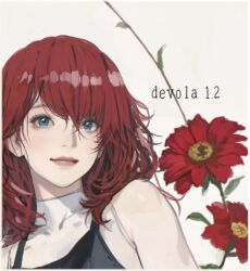 Rule 34 | 1girl, bare shoulders, black overalls, blue eyes, breasts, character name, commentary request, d.k, devola, flower, flower request, grey background, leaf, light blush, lips, looking at viewer, medium breasts, nier, nier (series), overalls, portrait, red flower, red hair, shirt, sleeveless, sleeveless shirt, smile, solo, swept bangs, white shirt