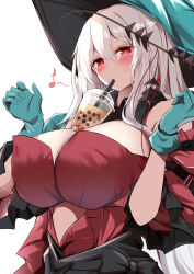 Rule 34 | absurdres, aqua gloves, aqua headwear, areola slip, arknights, ascot, black ascot, blush, breasts, bubble tea challenge, clothing cutout, commission, dress, gloves, grey hair, highres, kokihanada, large breasts, looking at viewer, off-shoulder dress, off shoulder, official alternate costume, pixiv commission, pointy hat, red dress, red eyes, red sleeves, skadi (arknights), skadi the corrupting heart (arknights)