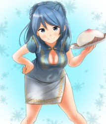 Rule 34 | 1girl, alternate costume, blue dress, blue eyes, blue hair, blush, breasts, cake, china dress, chinese clothes, closed mouth, dress, flower, food, hair ornament, hand on own hip, highres, kantai collection, long hair, looking at viewer, medium breasts, no bra, plate, short dress, solo, tama (tamago), urakaze (kancolle)