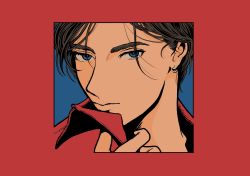 Rule 34 | 1boy, black hair, blue background, blue eyes, border, collared shirt, earrings, highres, jewelry, looking at viewer, minillustration, original, portrait, red border, red shirt, shadow, shirt, solo