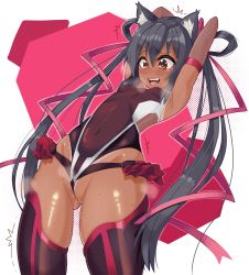 Rule 34 | 1girl, absurdres, animal ears, arms up, black hair, black leotard, blush, brown eyes, cameltoe, cat ears, cosplay, covered erect nipples, covered navel, female focus, fishnets, frilled leotard, frills, fur cuffs, highleg, highleg leotard, highres, impossible clothes, impossible leotard, k-on!, leotard, long hair, mizuki yukikaze (cosplay), nakano azusa, one-piece tan, open mouth, partially visible vulva, revealing clothes, shiny skin, skindentation, solo, standing, sweat, taimanin (series), taimanin suit, taimanin yukikaze, tan, tanline, twintails, young savage