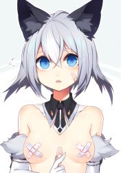 Rule 34 | + +, 1girl, animal ear fluff, animal ears, bandaid, bandaid on face, bandaids on nipples, blue eyes, blush, breasts, cat ears, colored eyelashes, detached collar, elbow gloves, fang, flying sweatdrops, fox ears, gloves, hair between eyes, highres, looking at viewer, muryotaro, necktie, nude, open mouth, original, pasties, short hair, silver hair, small breasts, solo, symbol-shaped pupils, upper body, white gloves