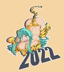 Rule 34 | 1girl, 2022, absurdres, all fours, anal, anal object insertion, anal tail, animal print, ass, booruguru, breast press, breasts, butt plug, chinese zodiac, eyelashes, eyeshadow, fake tail, female focus, green eyes, highres, huge breasts, looking at viewer, lum, makeup, object insertion, open mouth, sex toy, smile, solo, tail, tiger print, tiger tail, urusei yatsura, year of the tiger
