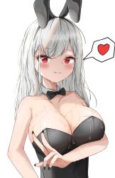 Rule 34 | 1girl, absurdres, animal ears, arm under breasts, bare arms, bare shoulders, black bow, black bowtie, black leotard, black nails, blush, bow, bowtie, breasts, cleavage, closed mouth, commentary, covered navel, detached collar, dot nose, fake animal ears, grey hair, heart, highres, large breasts, leotard, looking at viewer, nail polish, original, playboy bunny, red eyes, shiriaru (jjonaeng), simple background, smile, speech bubble, strapless, strapless leotard, symbol-only commentary, upper body, v, wet, wet hair, wet leotard, white background, white hair