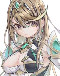 Rule 34 | 1girl, aya (ay oekaki), blonde hair, breasts, chest jewel, cleavage, cleavage cutout, clothing cutout, earrings, jewelry, large breasts, mythra (xenoblade), xenoblade chronicles (series), xenoblade chronicles 2, yellow eyes