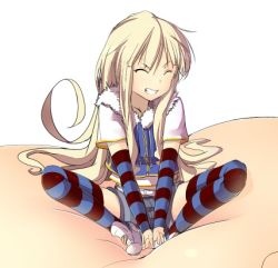 Rule 34 | 1girl, blonde hair, closed eyes, denim, denim shorts, detached sleeves, flat chest, fur trim, grin, indian style, long hair, lowres, magister, original, patterned legwear, shiratama liliana (magister), short shorts, shorts, sitting, smile, solo, striped clothes, striped sleeves, striped thighhighs, thighhighs, two-tone stripes, very long hair
