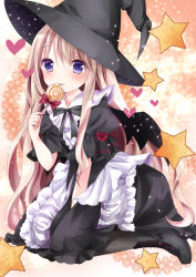 Rule 34 | 1girl, bat wings, black dress, blonde hair, candy, dress, flower, food, hat, heart, licking, lollipop, long hair, nanase nao, original, pantyhose, puffy short sleeves, puffy sleeves, purple eyes, red flower, red rose, rose, short sleeves, sitting, solo, star (symbol), tongue, tongue out, very long hair, wariza, wings, witch hat