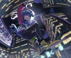 Rule 34 | 1girl, @ @, ahoge, animal ears, blue hair, bodysuit, boots, building, city, city lights, closed mouth, commentary request, dengakumiso, fang, floating, full body, hetero, highres, hood, hoodie, horse ears, horse girl, horse tail, lamppost, long hair, long sleeves, looking at viewer, night, outdoors, road sign, sign, skateboard, skin fang, skyscraper, smile, solo, stuffed animal, stuffed rabbit, stuffed toy, tail, twin turbo (umamusume), umamusume, yellow footwear