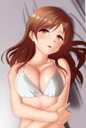 Rule 34 | 10s, 1girl, absurdres, alternate costume, bare arms, bare shoulders, blush, breasts, brown eyes, brown hair, cleavage, commentary request, highres, idolmaster, idolmaster cinderella girls, large breasts, long hair, looking at viewer, lying, nitta minami, on back, solo, taka (takahirokun), underwear, underwear only, upper body