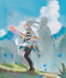 Rule 34 | 1boy, 1girl, black pantyhose, blue sky, blurry, blurry background, capelet, closed mouth, cloud, commentary, dress, elf, falling petals, frieren, full body, grass, green eyes, hashtag only commentary, highres, himmel (sousou no frieren), holding, holding staff, long hair, looking at viewer, outdoors, pantyhose, petals, pointy ears, sky, smile, sousou no frieren, staff, standing, statue, twintails, white capelet, white dress, white hair, yi 12199