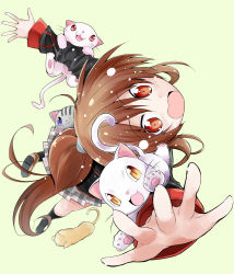 Rule 34 | 1girl, bibi02, brown hair, cat, from above, lennon, little busters!, long hair, natsume rin, outstretched arms, ponytail, red eyes, school uniform, spread arms
