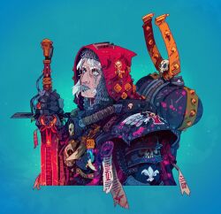 Rule 34 | 1girl, adepta sororitas, armor, backpack, bag, blue background, blue eyes, blue lips, chainmail, chamonkee, facial tattoo, holding, holding sword, holding weapon, hood, looking at viewer, power armor, purity seal, skull, sword, tattoo, warhammer 40k, weapon, white hair