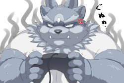 Rule 34 | 1boy, anger vein, angry, animal ears, bara, commentary, controller, extra ears, extra eyes, fat, fat man, furry, furry male, game controller, grey fur, highres, holding, holding controller, holding game controller, male focus, muscular, muscular male, pectorals, shirt, simple background, solo, sweatdrop, thick eyebrows, tokyo houkago summoners, trembling, tsathoggua (housamo), tt (ptcmtr), tusks, upper body, white background, white shirt, wolf ears