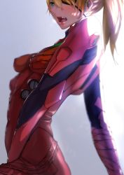 Rule 34 | 10s, 1girl, alternate hairstyle, back, backlighting, bad id, bad pixiv id, between legs, blue eyes, blush, bodysuit, breasts, breasts out, cowboy shot, evangelion: 3.0 you can (not) redo, eyepatch, female masturbation, from side, fusante, gradient background, grey background, hair over one eye, hair up, hand between legs, high ponytail, highres, impossible bodysuit, impossible clothes, leaning back, long hair, masturbation, neon genesis evangelion, no bra, open mouth, orange hair, pilot suit, plugsuit, ponytail, rebuild of evangelion, skin tight, small breasts, solo, souryuu asuka langley, tape, teeth, tongue, turtleneck