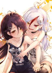 Rule 34 | ahoge, anchor earrings, azur lane, bare shoulders, black hair, breasts, cassin (azur lane), cleavage, cowboy shot, downes (azur lane), earrings, eorx, hair ornament, hairclip, hand on another&#039;s head, heterochromia, jewelry, long hair, low ponytail, mole, mole under eye, no bra, red eyes, remodel (azur lane), shirt, thighhighs, white hair, yellow eyes