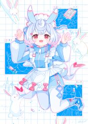 Rule 34 | 1girl, adapted costume, animal ears, apron, blue footwear, blue hair, blue jacket, bow, cardiogram, clipboard, colored tips, crossed bangs, dot nose, floating, frilled apron, frills, genshin impact, hair bow, hair ornament, hands up, heart, heart hair ornament, heart print, highres, icon (computing), jacket, jersey maid, jumping, leg warmers, light blush, looking at viewer, low twintails, low wings, maid, maid apron, maid headdress, medium hair, multicolored hair, multiple views, open mouth, pantyhose, patterned background, pill, pink bow, rabbit, rabbit ears, rabbit girl, rabbit ornament, red eyes, shoes, sidelocks, sigewinne (genshin impact), signature, sneakers, syringe, track jacket, track suit, twintails, unconventional maid, waist apron, white background, white bow, white pantyhose, window (computing), wings, yutukicom