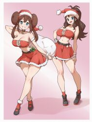 alternate_costume blue_eyes breasts christmas donut_hair_bun dress hair_bun highres hilda_(pokemon) large_breasts piutahayo pokemon pokemon_bw pokemon_bw2 rosa_(pokemon) santa_dress