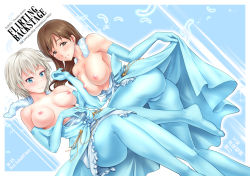 Rule 34 | 10s, 2girls, anastasia (idolmaster), aqua dress, aqua gloves, ass, bare shoulders, blue eyes, blush, breast press, breasts, breasts apart, breasts out, brown eyes, brown hair, cleavage, clothes lift, dress, dress lift, elbow gloves, english text, feathers, female focus, gloves, idolmaster, idolmaster cinderella girls, jinbao zhaobo, large breasts, legs, long hair, looking at viewer, lying, multiple girls, neck, nipples, nitta minami, off shoulder, on back, on side, pantyhose, pure white memories, short hair, silver hair, smile, striped, striped background, undressing