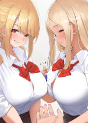 Rule 34 | 1other, 2girls, blonde hair, blouse, blush, bow, bowtie, breasts, brown eyes, brown skirt, collared shirt, commentary, commentary request, kaisen chuui, large breasts, looking at viewer, multiple girls, nail polish, original, outstretched hand, parted lips, purple eyes, purple nails, red bow, red bowtie, shirt, shirt tucked in, short sleeves, simple background, skirt, smile, white background, white shirt