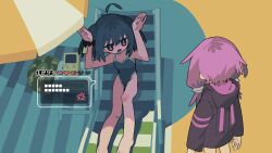 Rule 34 | 2girls, ahoge, alternate costume, anger vein, animal hood, arms up, barefoot, beach chair, beach umbrella, black hair, black hoodie, chinese commentary, commentary, detached ahoge, facing away, from above, frown, game boy, handheld game console, health bar, highleg, highleg swimsuit, highres, hood, hood down, hoodie, jitome, knee up, language request, litamisu, looking at another, multiple girls, no headgear, open mouth, purple hair, purple hoodie, rabbit hood, rabbit pose, reclining, red eyes, school swimsuit, scrunchie, shade, short hair, short hair with long locks, speech bubble, spoken anger vein, standing, swimsuit, touhoku kiritan, twintails, two-tone hoodie, umbrella, v-shaped eyebrows, vocaloid, voiceroid, wrist scrunchie, yuzuki yukari