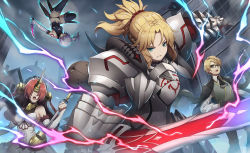 Rule 34 | 1boy, 3girls, airborne, aqua eyes, armor, bandages, blonde hair, bolt, boots, braid, city, coat, dagger, dome, dual wielding, elbow gloves, energy, fate/apocrypha, fate/grand order, fate (series), frankenstein&#039;s monster (fate), full armor, gauntlets, glasses, gloves, gorget, green eyes, hair over eyes, halterneck, holding, horns, jack the ripper (fate/apocrypha), jacket, jacket on shoulders, jekyll and hyde (fate), kiyo (chaoschyan), knife, light purple hair, long hair, midriff, mordred (fate), mordred (fate/apocrypha), multiple girls, navel, panties, pauldrons, ponytail, red hair, scrunchie, shoulder armor, staff, sword, thigh boots, thighhighs, underwear, veil, weapon
