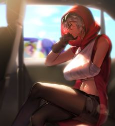 Rule 34 | 1girl, bandaged arm, bandages, black skirt, blue sky, brown gloves, brown pantyhose, car interior, closed mouth, cloud, cloudy sky, crop top, crossed legs, eyewear on head, gloves, hand on own cheek, hand on own face, jacket, jojo no kimyou na bouken, lipstick, makeup, mariah (jojo), medium hair, navel, pantyhose, red jacket, single glove, sitting, skirt, sky, sleeveless, solo, stardust crusaders, sunglasses, white hair, yellow eyes, zouhyou (at4190)