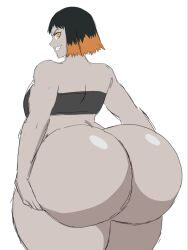 Rule 34 | 1girl, ass, bottomless, breasts, cleavage, colored skin, curvy, female focus, grey skin, highres, huge ass, kimetsu no yaiba, looking at viewer, looking back, medium breasts, momijizx, multicolored hair, short hair, solo, strapless, susamaru (kimetsu no yaiba), thick thighs, thighs, tube top, two-tone hair, wide hips, yellow eyes
