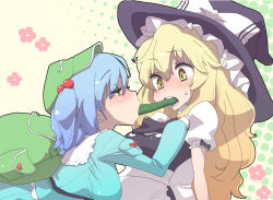 Rule 34 | 2girls, backpack, bag, blonde hair, blue eyes, blue hair, breasts, cucumber, female focus, hair bobbles, hair ornament, hat, kawashiro nitori, kirisame marisa, medium breasts, mouth hold, multiple girls, ogata mamimi, randoseru, sexually suggestive, shirt, short hair, taut clothes, taut shirt, touhou, twintails, two side up, witch, witch hat, yellow eyes, yuri