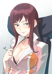 Rule 34 | 1girl, akana rui, black bra, bra, breasts, brown hair, chair, chousoku henkei gyrozetter, cleavage, collarbone, come hither, green eyes, large breasts, lips, long hair, looking at viewer, shimotsuki eight, sitting, smile, solo, underwear