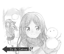 Rule 34 | 2girls, ^ ^, bang dream!, bang dream! it&#039;s mygo!!!!!, blush, chihaya anon, closed eyes, closed mouth, commentary, commentary request, english commentary, floating hair, gloves, greyscale, haneoka school uniform, highres, holding, holding snowball, jacket, kneehighs, long hair, long sleeves, looking at viewer, miikoko, mixed-language commentary, monochrome, multiple girls, nagasaki soyo, open mouth, outdoors, plaid, plaid skirt, pleated skirt, scarf, school uniform, sidelocks, skirt, snowball, socks, to be continued, upper body, winter clothes