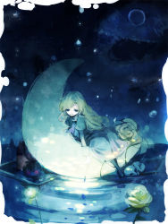 Rule 34 | 1girl, blonde hair, blue eyes, crescent moon, dress, female focus, flower, ib (kouri), mary (ib), moon, on crescent, partially submerged, plant, sitting, solo, water, yuukichi