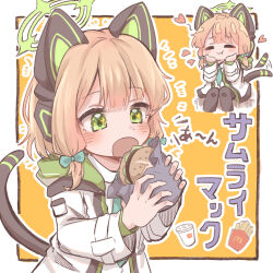 Rule 34 | 1girl, animal ear headphones, animal ears, blonde hair, blue archive, blue necktie, blush, border, bow, burger, cat ear headphones, cat tail, chewing, closed eyes, collared shirt, drink, eating, fake animal ears, food, french fries, green eyes, hair bow, halo, hands on own face, headphones, holding, holding food, hood, hooded jacket, imminent bite, jacket, long sleeves, loving aura, mcdonald&#039;s, midori (blue archive), multicolored clothes, multicolored jacket, multiple views, necktie, open clothes, open jacket, open mouth, shirt, short hair, simple background, sitting, smile, sorap 128, standing, tail, thighhighs, translated, white border, wrapper